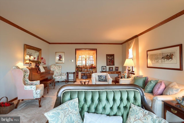 carpeted living room featuring ornamental molding