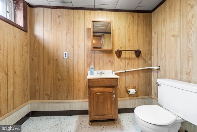 bathroom with vanity, wooden walls, and toilet