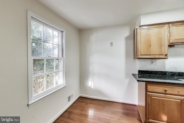 kitchen featuring hardwood / wood-style flooring, plenty of natural light, backsplash, and dark stone counters