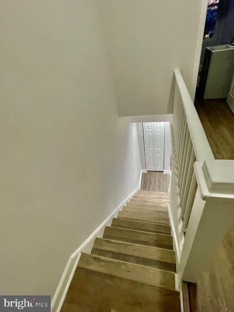 staircase with hardwood / wood-style floors