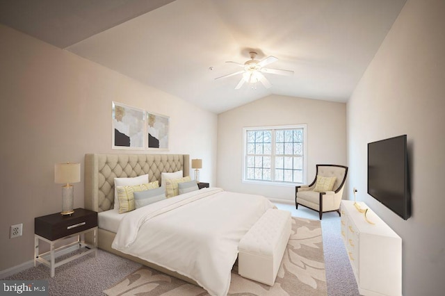 carpeted bedroom featuring ceiling fan and lofted ceiling