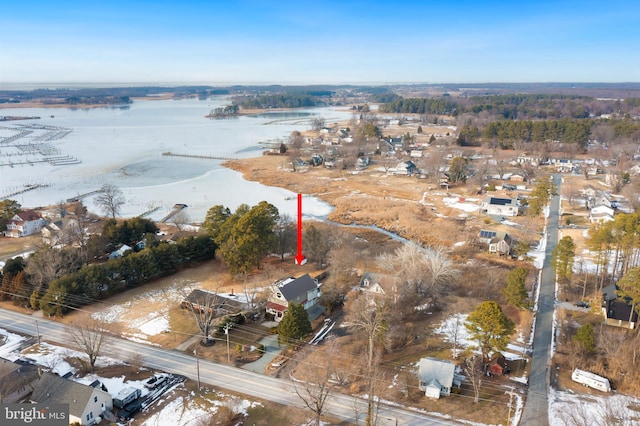 drone / aerial view featuring a water view