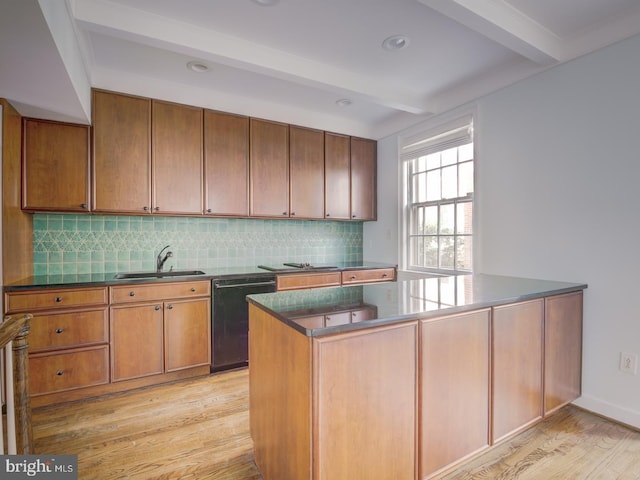 kitchen featuring beamed ceiling, black dishwasher, sink, and light hardwood / wood-style floors