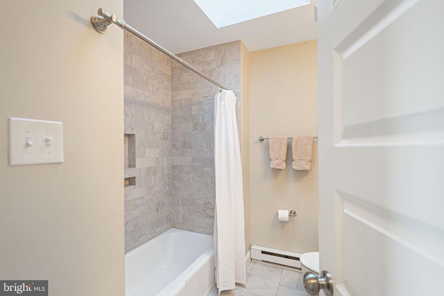 bathroom featuring shower / bath combination with curtain, a baseboard radiator, toilet, and a skylight