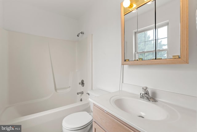 full bathroom with vanity, toilet, and bathing tub / shower combination