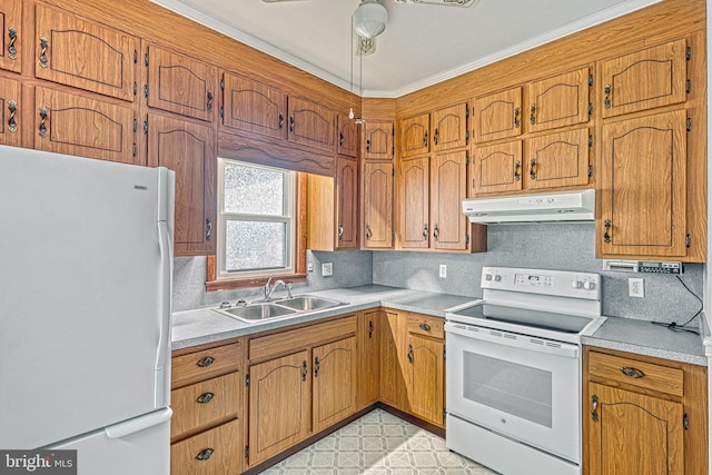 kitchen featuring tasteful backsplash, sink, and white appliances