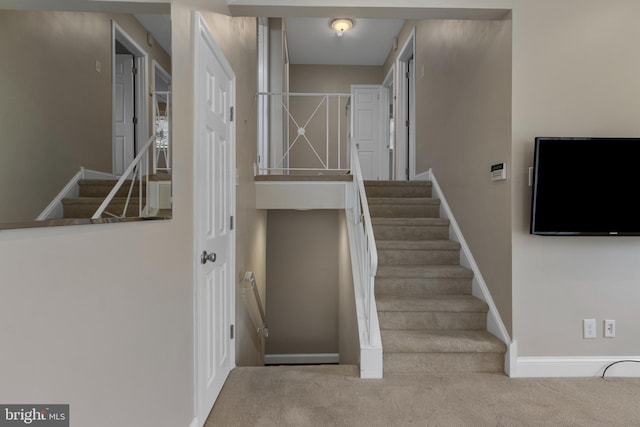 stairs with carpet floors and baseboards
