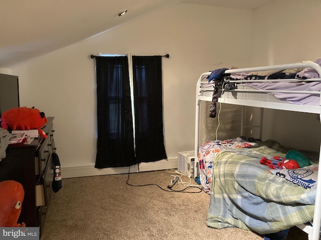 carpeted bedroom featuring lofted ceiling