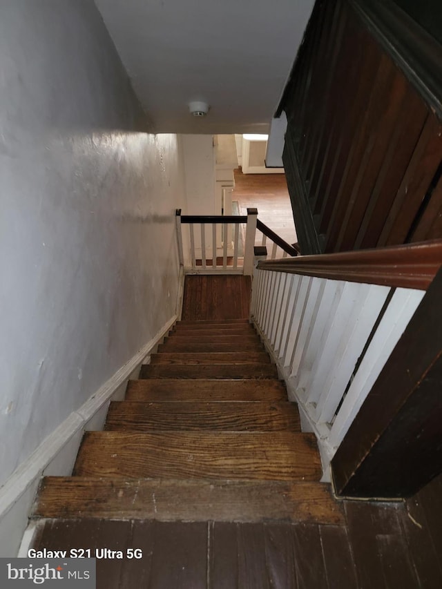 stairway with hardwood / wood-style floors