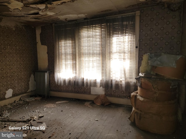 interior space with radiator and hardwood / wood-style flooring