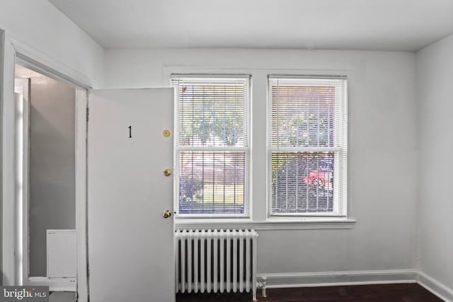 doorway to outside featuring radiator heating unit, dark hardwood / wood-style floors, and a wealth of natural light