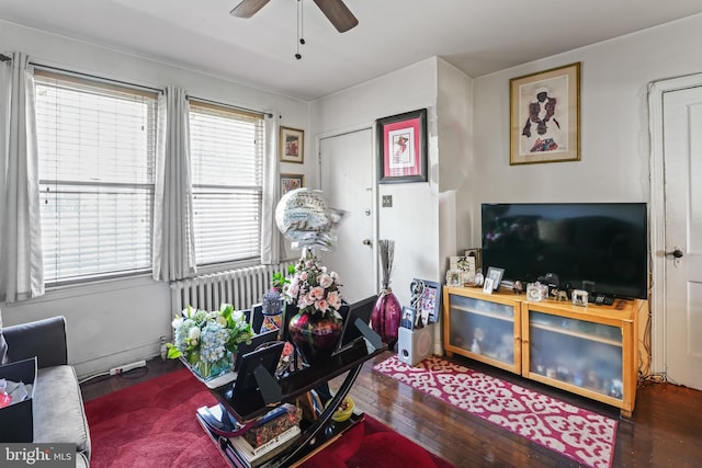 living room featuring dark hardwood / wood-style floors and ceiling fan