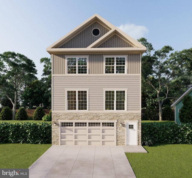 view of front facade featuring board and batten siding, stone siding, a garage, and concrete driveway