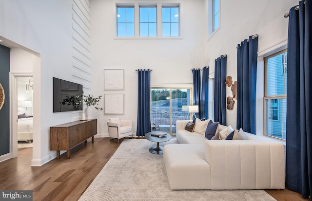 living room with a high ceiling, a wealth of natural light, and hardwood / wood-style floors