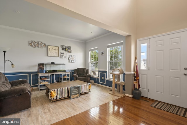 living room featuring ornamental molding and wood finished floors