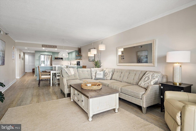 living room with crown molding, hardwood / wood-style flooring, and a textured ceiling