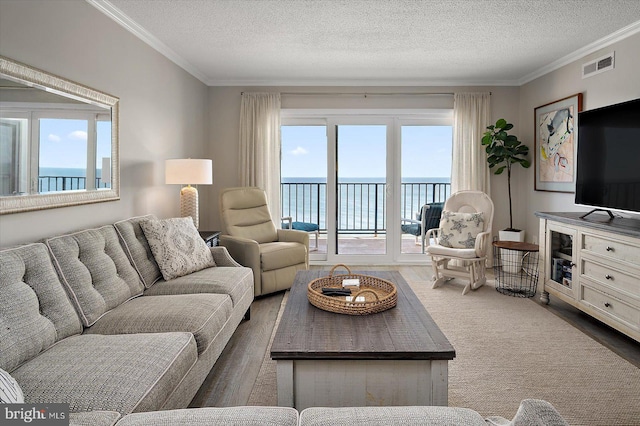 living room with dark hardwood / wood-style flooring, crown molding, a textured ceiling, and a water view