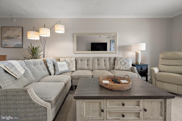 living room featuring crown molding and a textured ceiling