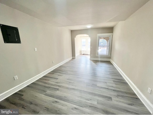 unfurnished room with hardwood / wood-style flooring and electric panel