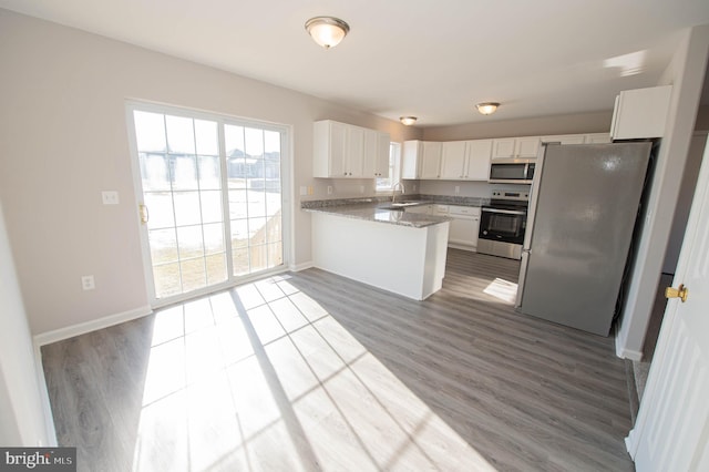 kitchen with white cabinetry, wood-type flooring, sink, kitchen peninsula, and stainless steel appliances