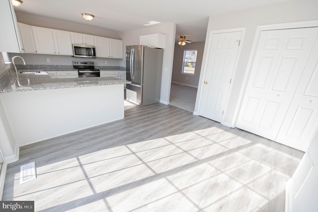 kitchen featuring appliances with stainless steel finishes, white cabinetry, sink, kitchen peninsula, and light stone countertops