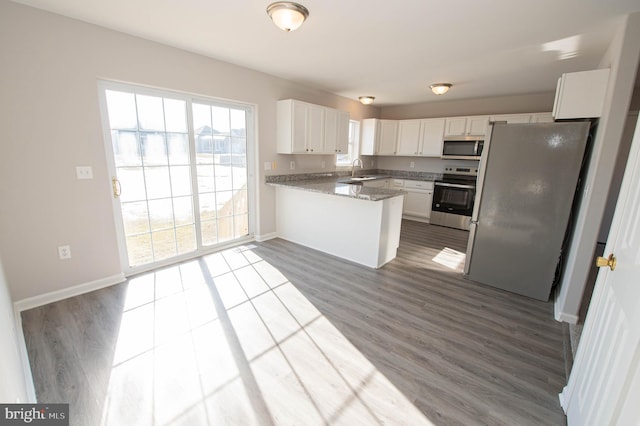 kitchen featuring appliances with stainless steel finishes, sink, white cabinets, dark hardwood / wood-style flooring, and kitchen peninsula