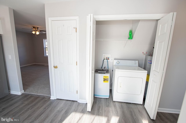 washroom featuring ceiling fan, wood-type flooring, hookup for a washing machine, and water heater