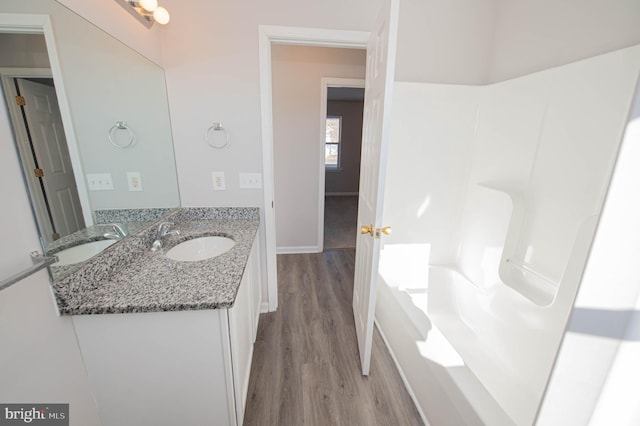 bathroom with wood-type flooring and vanity