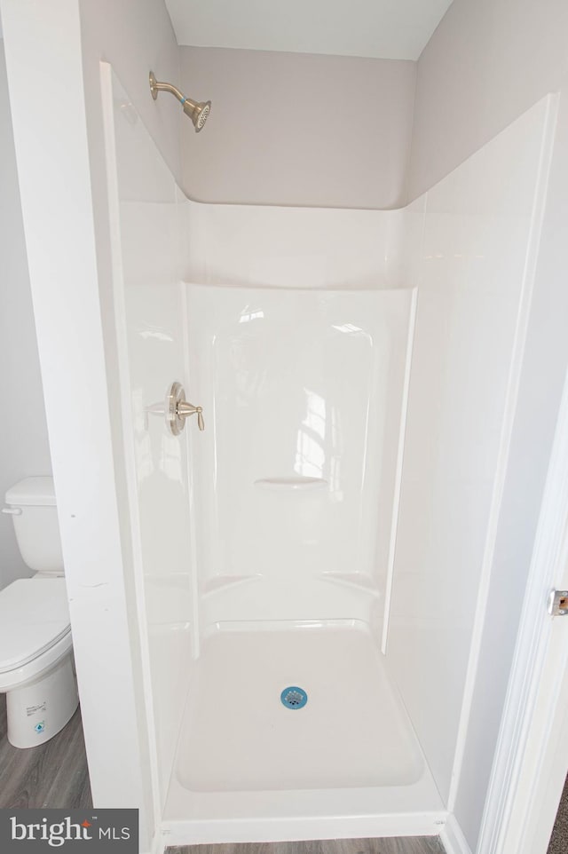 bathroom with wood-type flooring, toilet, and walk in shower