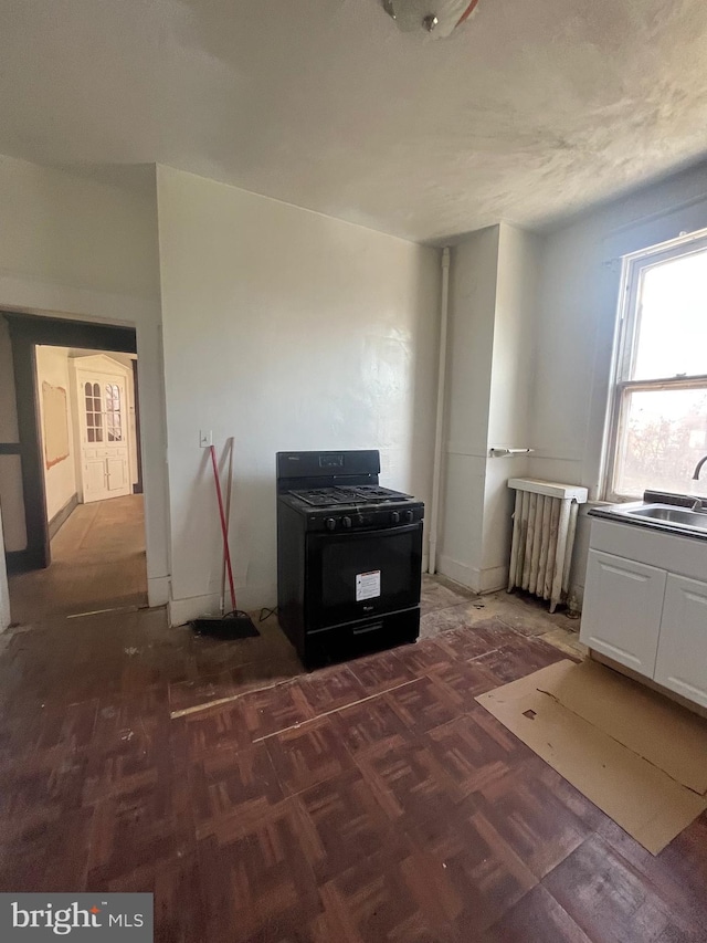 interior space with dark parquet flooring, sink, and radiator heating unit