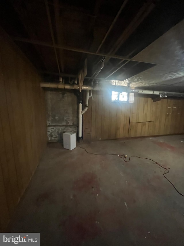 basement featuring wooden walls