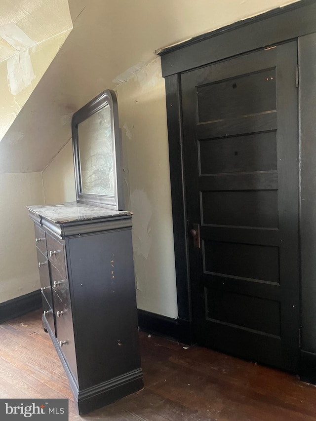 foyer entrance with lofted ceiling and dark hardwood / wood-style floors