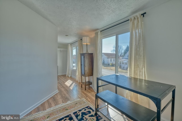 dining space with light hardwood / wood-style floors and a textured ceiling