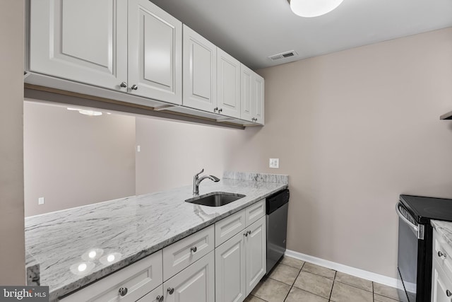 kitchen featuring sink, electric range, dishwasher, light stone countertops, and white cabinets