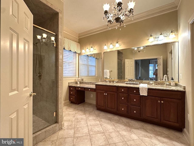 bathroom with vanity, a notable chandelier, ornamental molding, and walk in shower