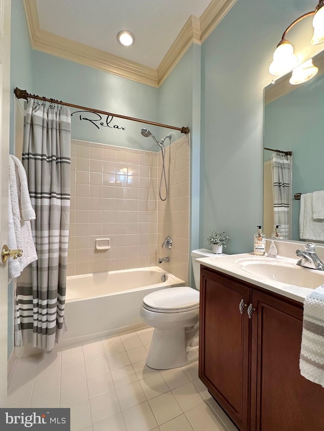 full bathroom with crown molding, shower / tub combo with curtain, vanity, and tile patterned floors