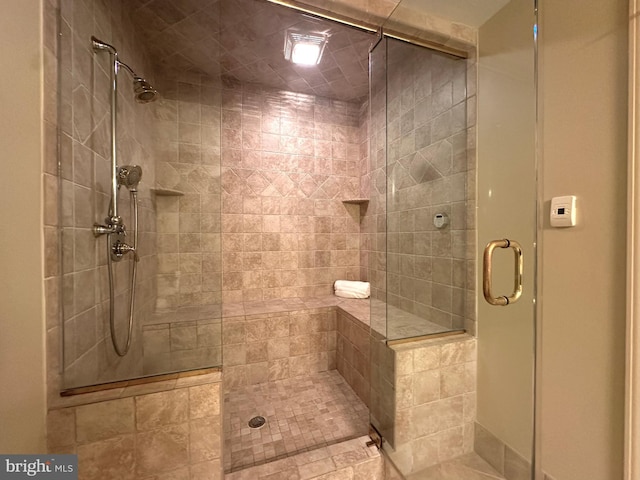 bathroom featuring a shower with shower door