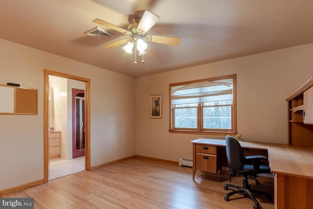 home office with baseboard heating, ceiling fan, and light hardwood / wood-style floors