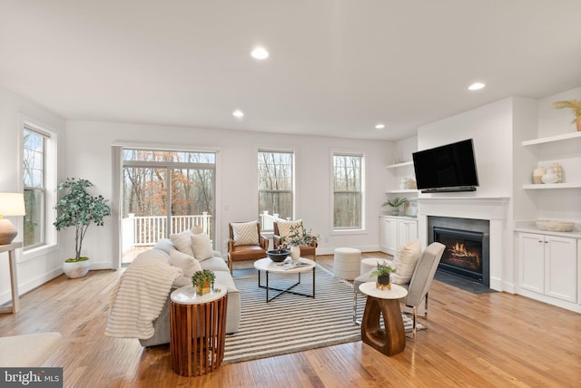 living room with built in features and light hardwood / wood-style flooring