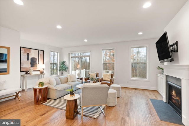 living room with a wealth of natural light and light hardwood / wood-style flooring