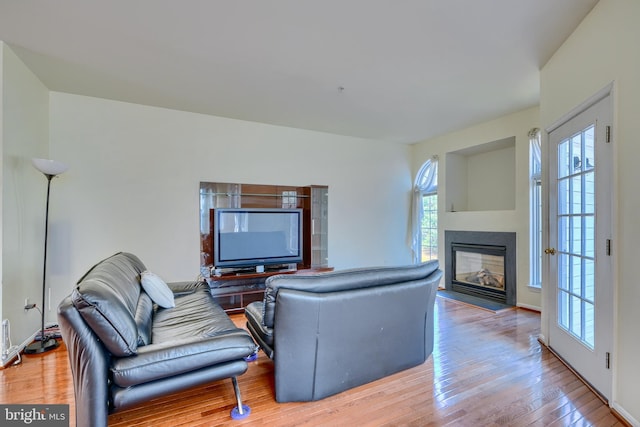 living room with a healthy amount of sunlight and light hardwood / wood-style flooring