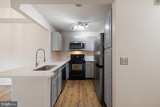 kitchen with appliances with stainless steel finishes, sink, gray cabinetry, and kitchen peninsula