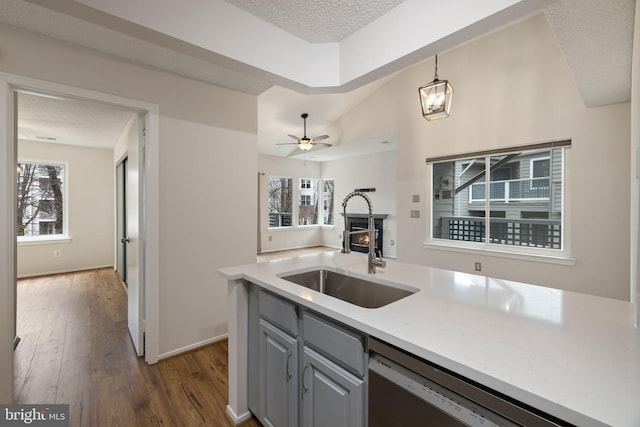 kitchen featuring gray cabinets, pendant lighting, sink, dark hardwood / wood-style flooring, and a textured ceiling