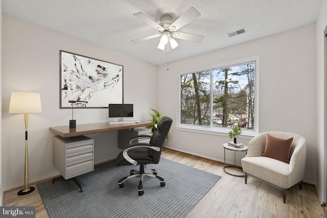 home office with ceiling fan, light hardwood / wood-style floors, and a textured ceiling