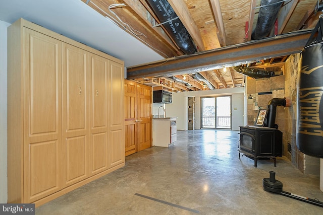 basement with a wood stove