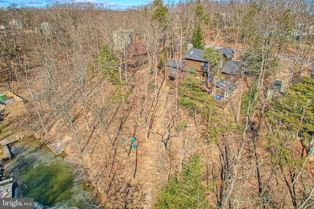 aerial view featuring a wooded view