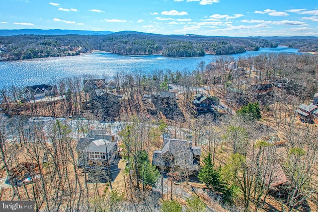 drone / aerial view featuring a water and mountain view