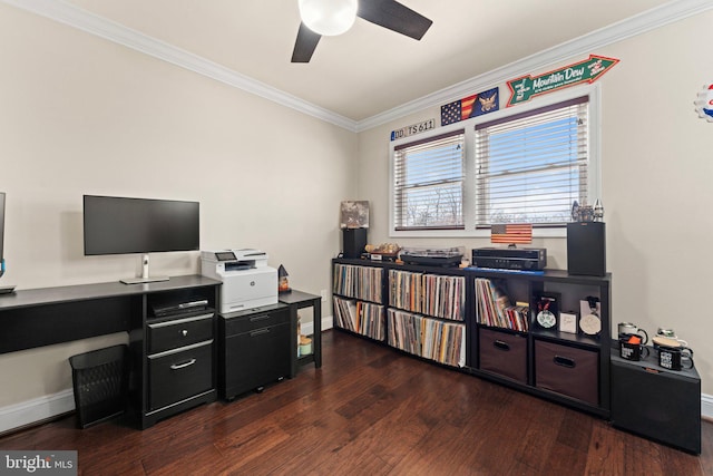 home office featuring baseboards, ceiling fan, wood finished floors, and crown molding