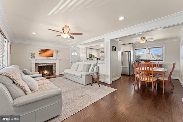 living area with baseboards, dark wood finished floors, crown molding, and a stone fireplace