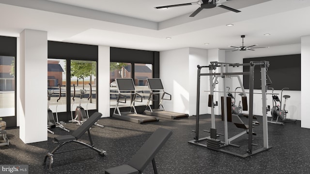 workout area with ceiling fan